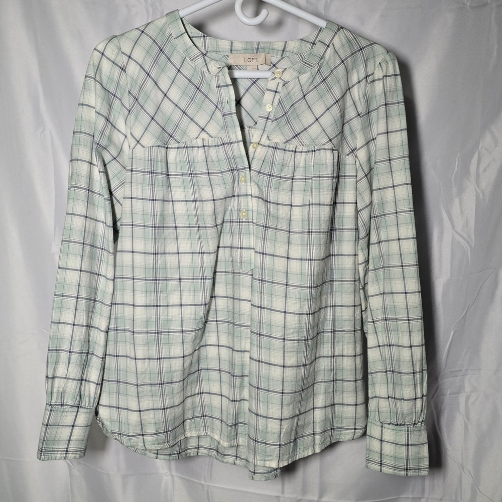 Loft Womens Small Plaid Henley Blouse Sage Green Blue Cotton Top cottage farm